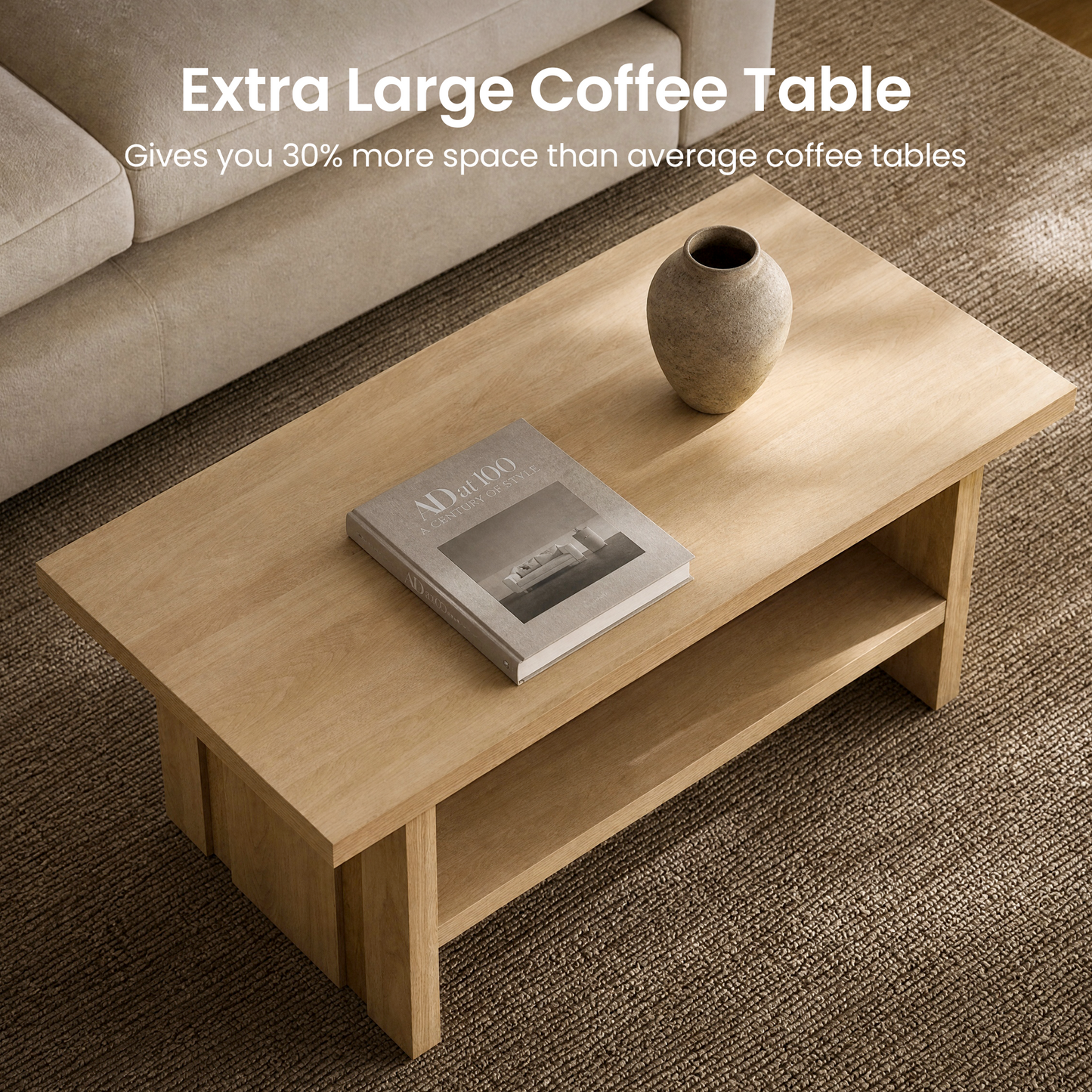 43" Coffee Table with Storage, Modern Center Table with Open Shelf in Natural