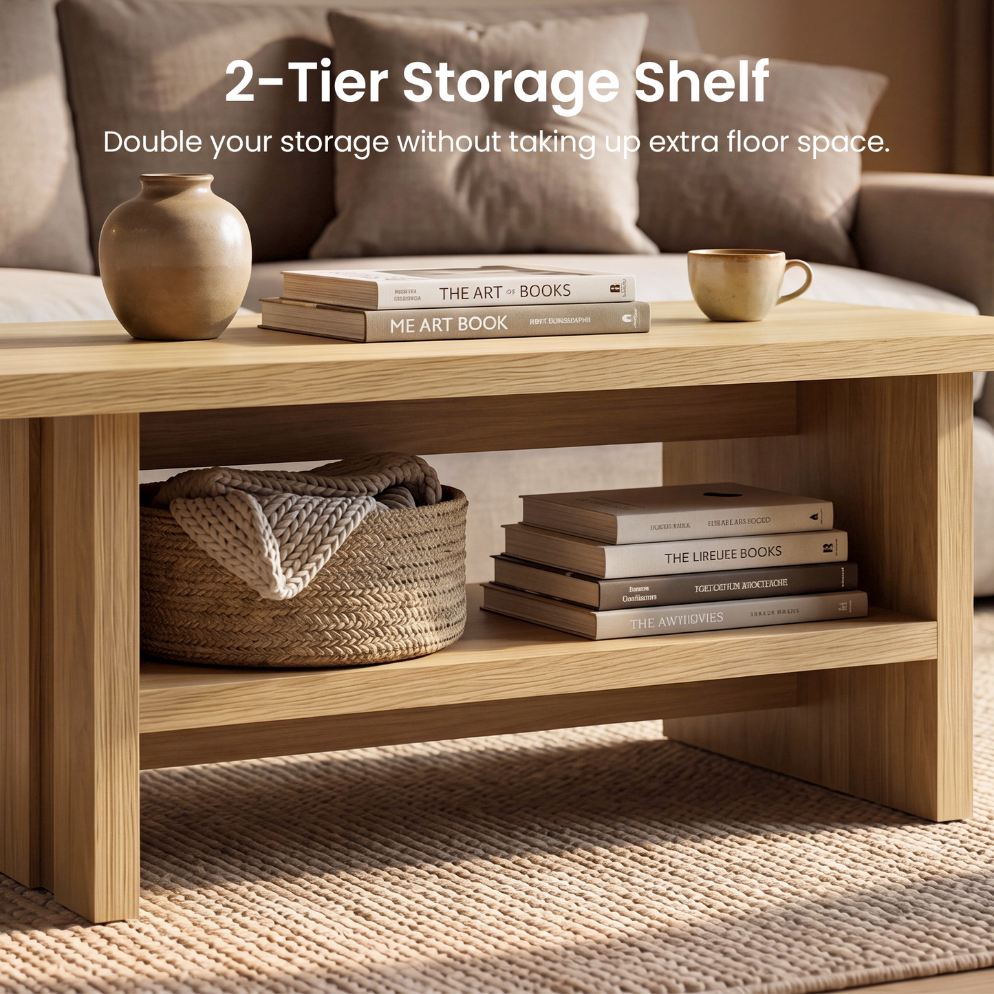 43" Coffee Table with Storage, Modern Center Table with Open Shelf in Natural