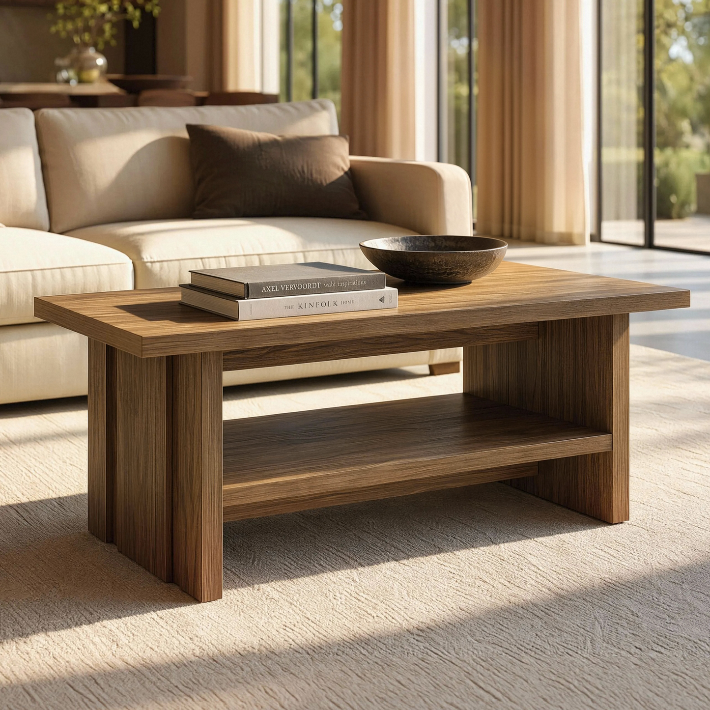 43" Coffee Table with Storage, Modern Center Table with Open Shelf in Walnut