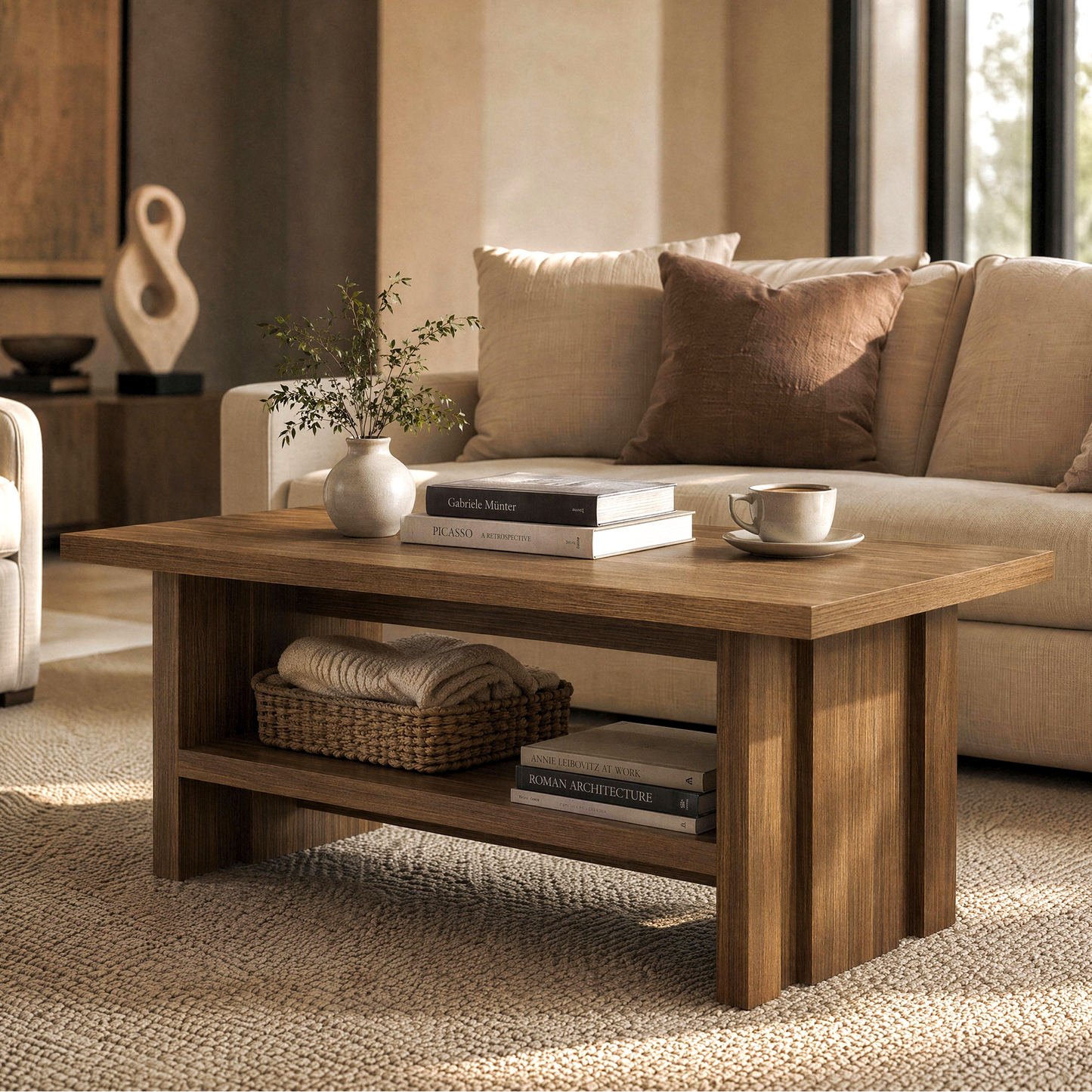 43" Coffee Table with Storage, Modern Center Table with Open Shelf in Walnut