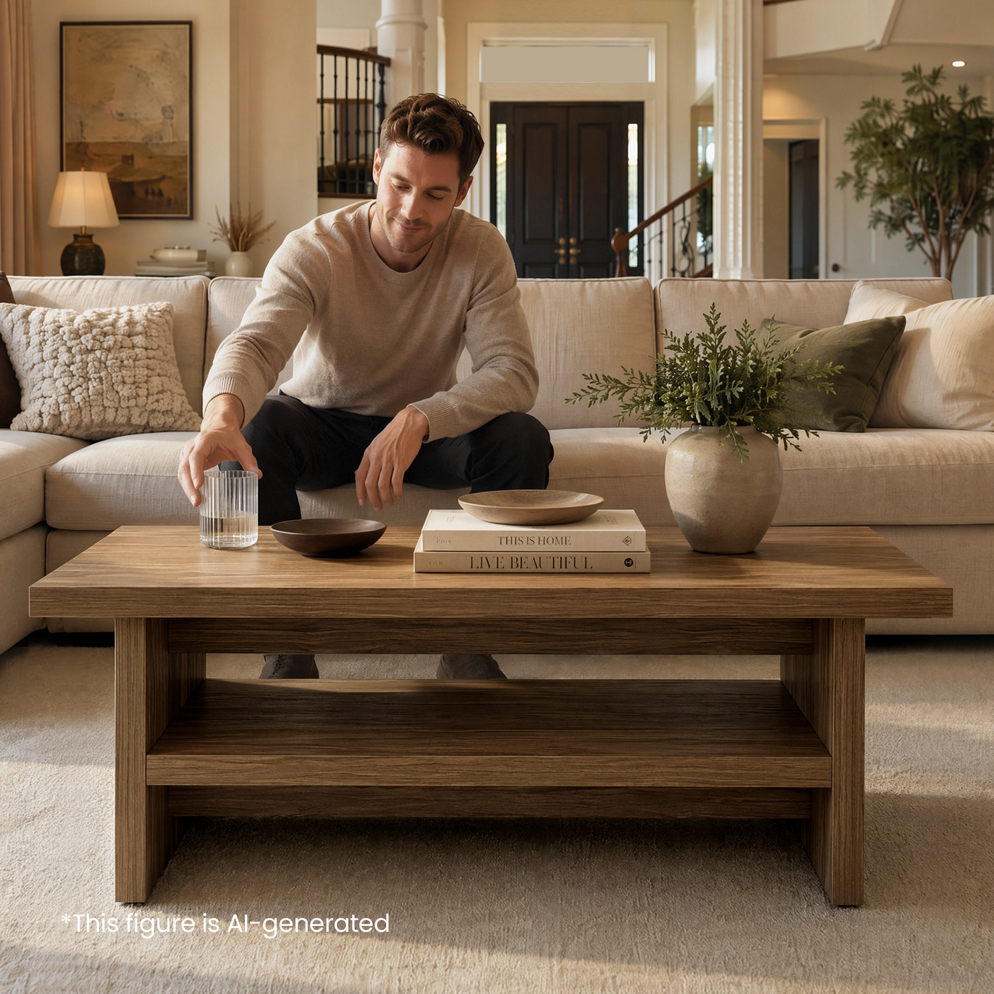 43" Coffee Table with Storage, Modern Center Table with Open Shelf in Walnut