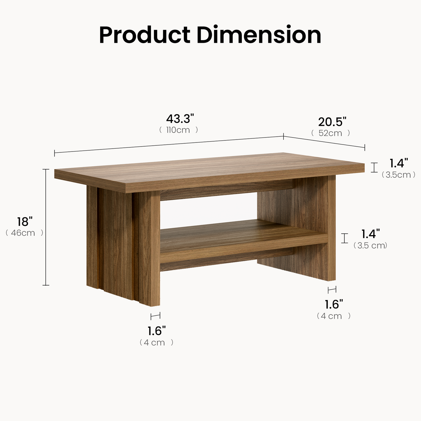 43" Coffee Table with Storage, Modern Center Table with Open Shelf in Walnut
