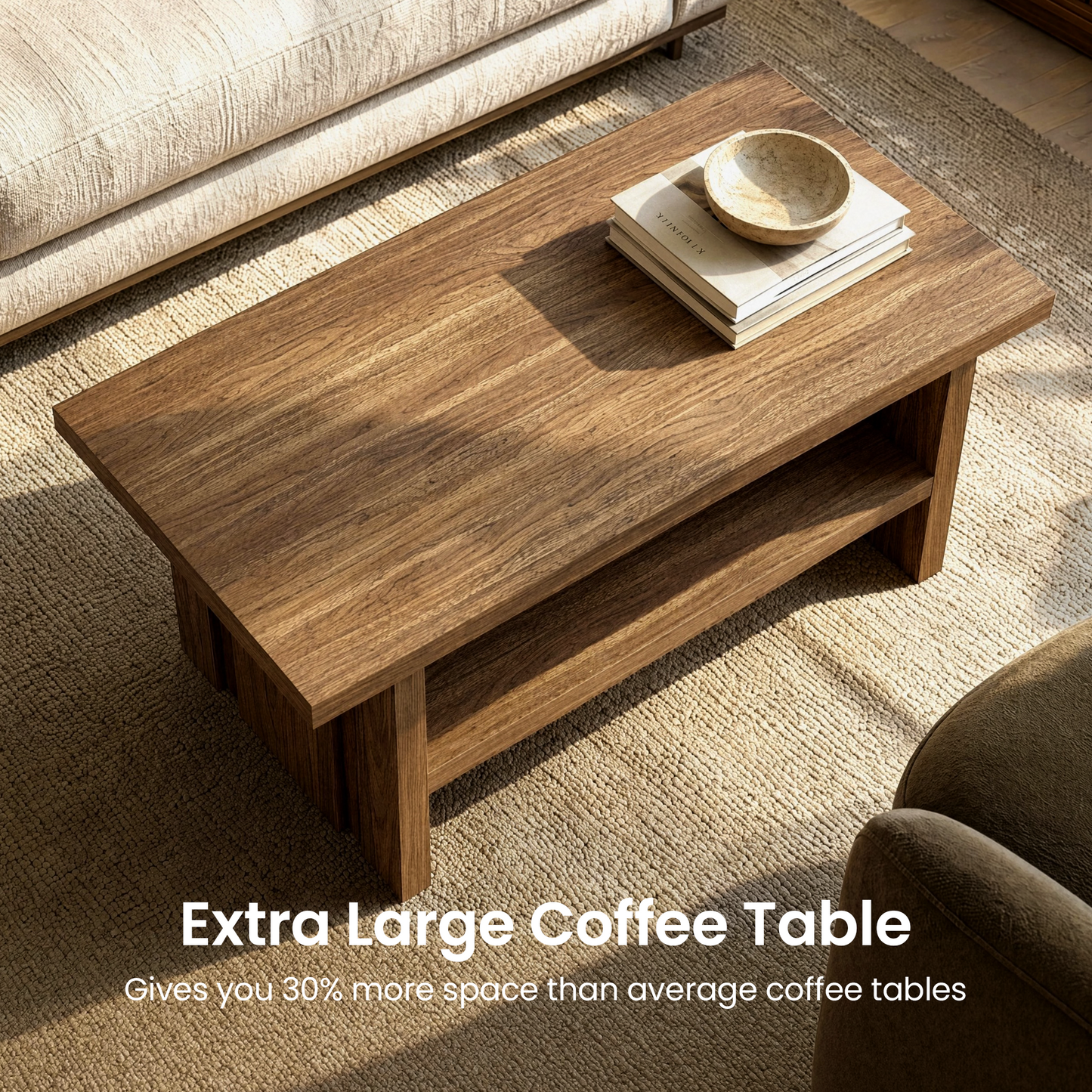 43" Coffee Table with Storage, Modern Center Table with Open Shelf in Walnut