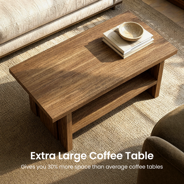 Dark wood-look rectangular coffee table with an open lower shelf