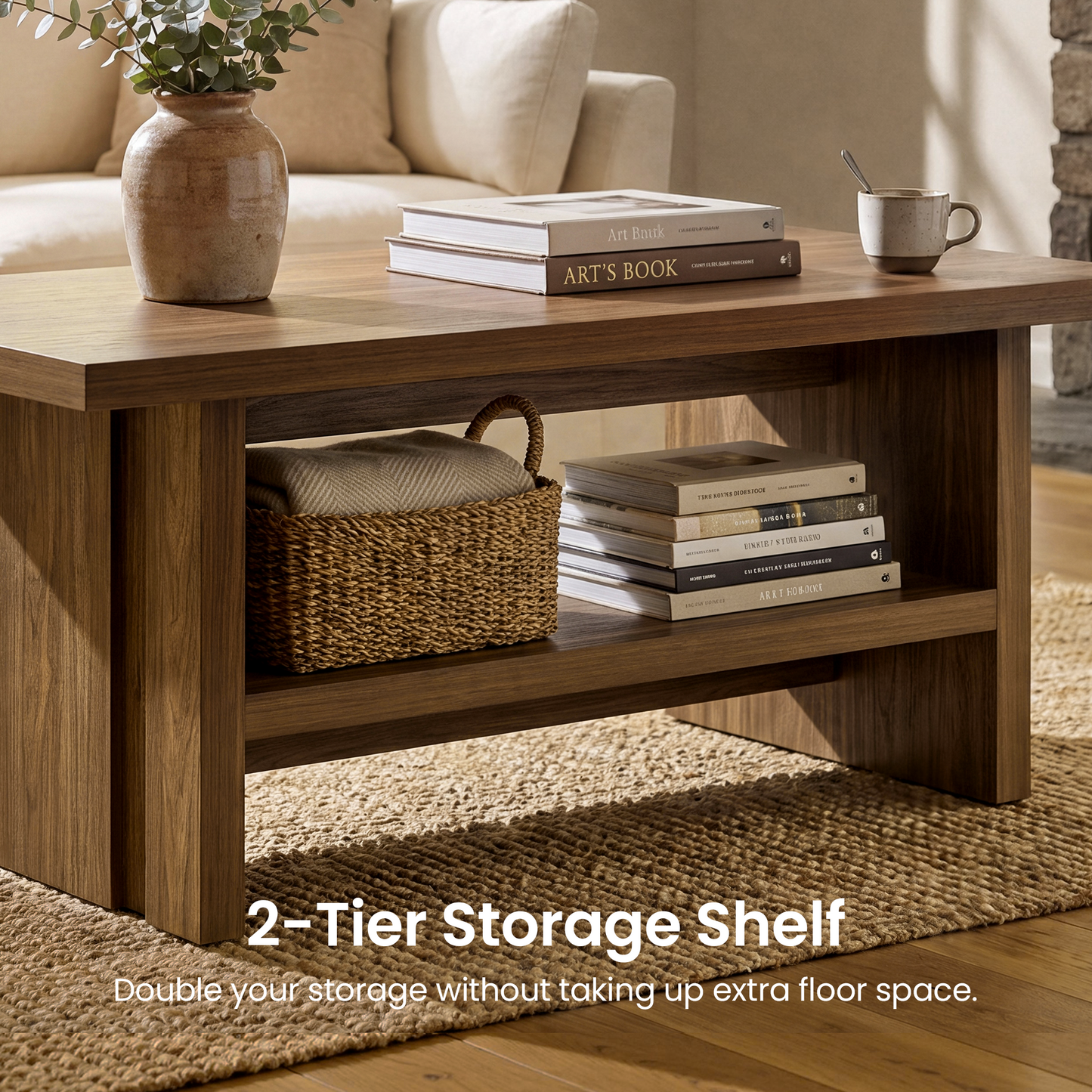 43" Coffee Table with Storage, Modern Center Table with Open Shelf in Walnut