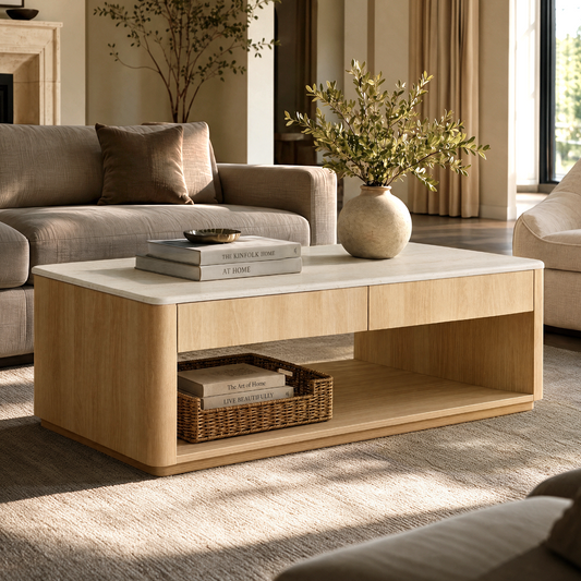 A light wood coffee table with a pale top and open shelf stands between sofas; books and a woven basket sit on the shelf, with a vase of leafy branches on top.