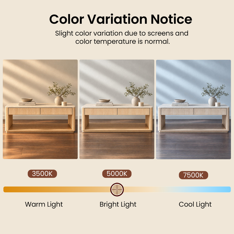 Three side-by-side scenes show the same wooden table under warm, neutral, and cool lighting, labeled 3500K, 5000K, and 7500K, with a warm-to-cool color bar below.