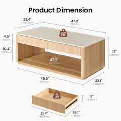 Dimension diagram of a light wood-grain table with a pale top, two drawers and an open lower shelf, with a separate drawer view and measurement lines.