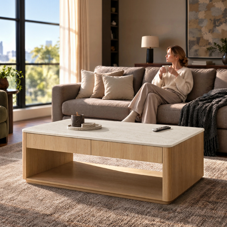 A woman sits on a sofa holding a mug behind a rectangular coffee table with two drawers and an open lower shelf.
