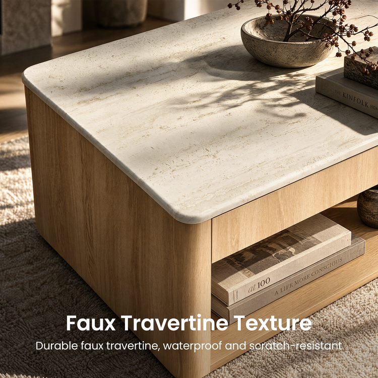 Mesa de centro Elaren de 47,2" con almacenamiento, 2 cajones y estante abierto, beige