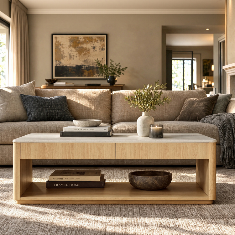 Living room with a low rectangular coffee table, books and a bowl on its lower shelf, and a vase with greenery and candle on top in front of a sofa.