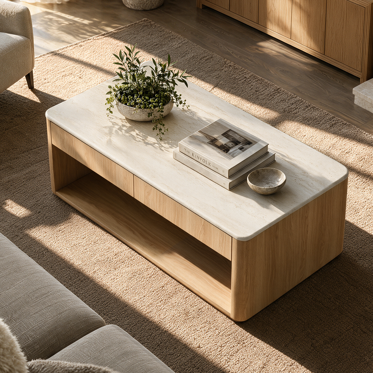 A light wood coffee table with a pale stone top sits on a textured rug, holding a potted plant, stacked books, and a small bowl.