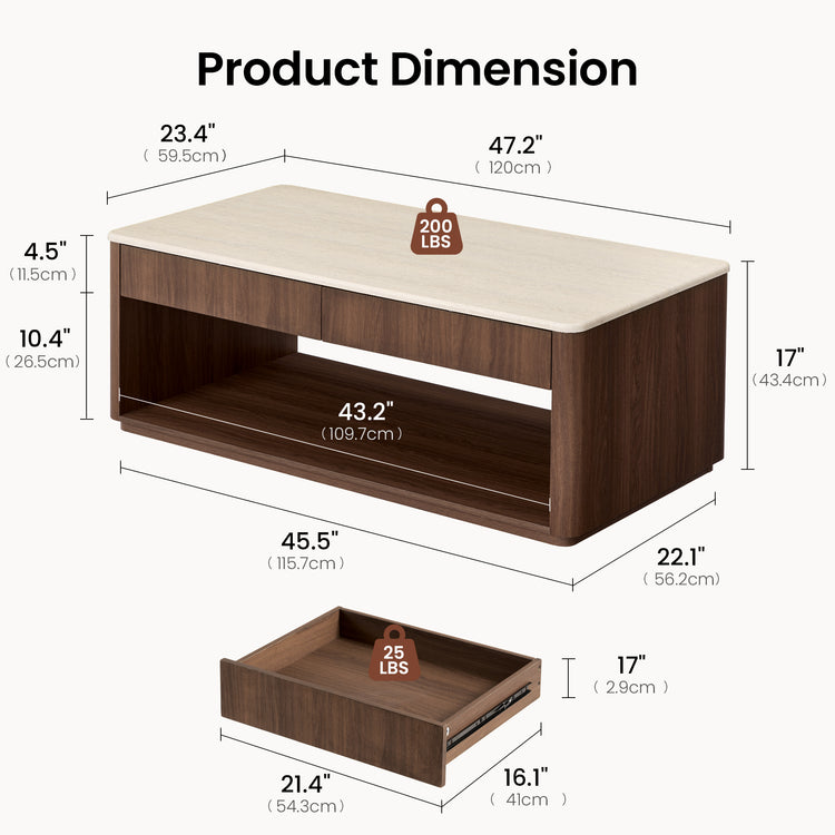 Diagram showing a wooden coffee table and a separate drawer with dimension labels and weight limits; some displayed inch and centimeter measurements appear inconsistent.