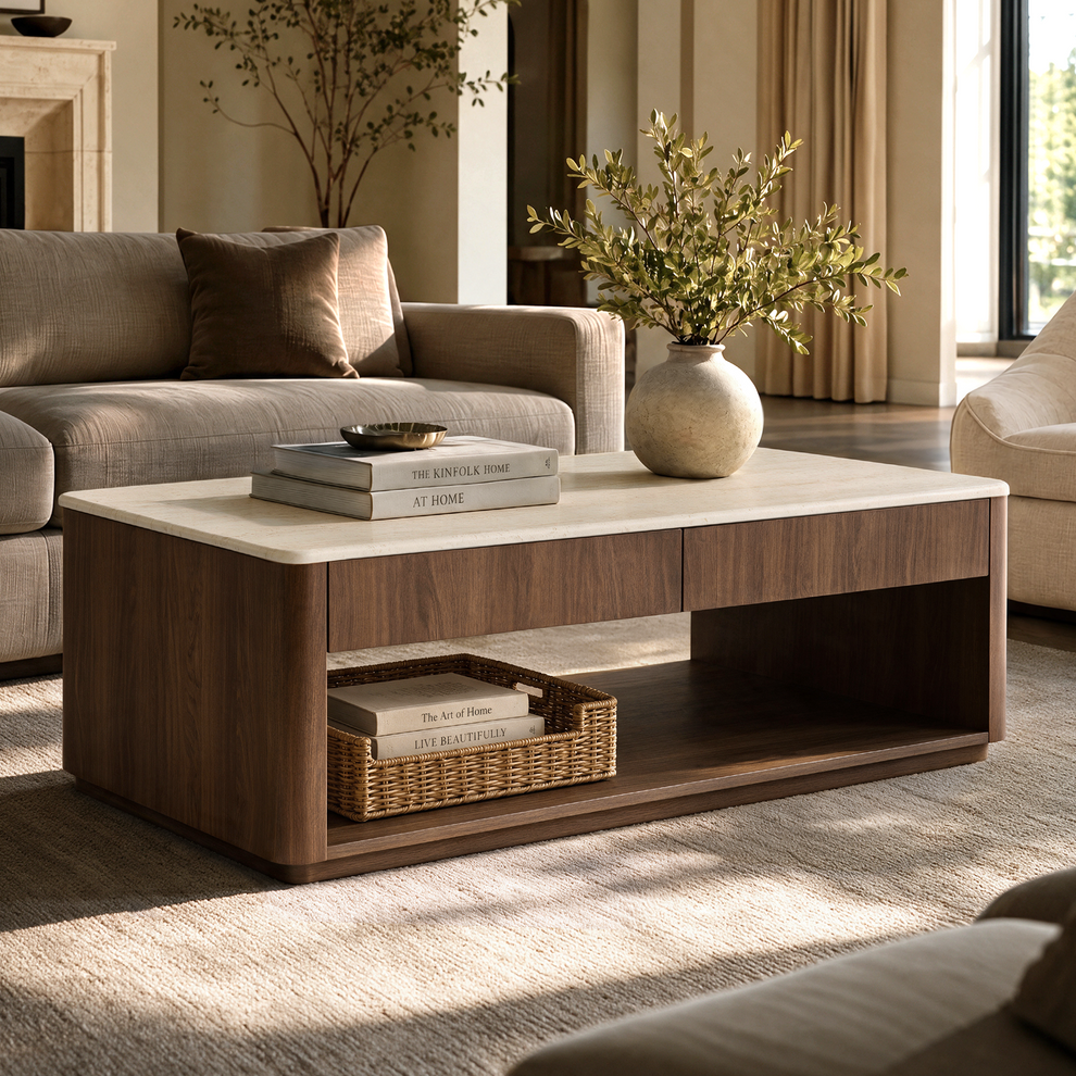 A rectangular dark wood coffee table with a pale top and open lower shelf sits between sofas; a vase of leafy branches, books and a small bowl rest on top.