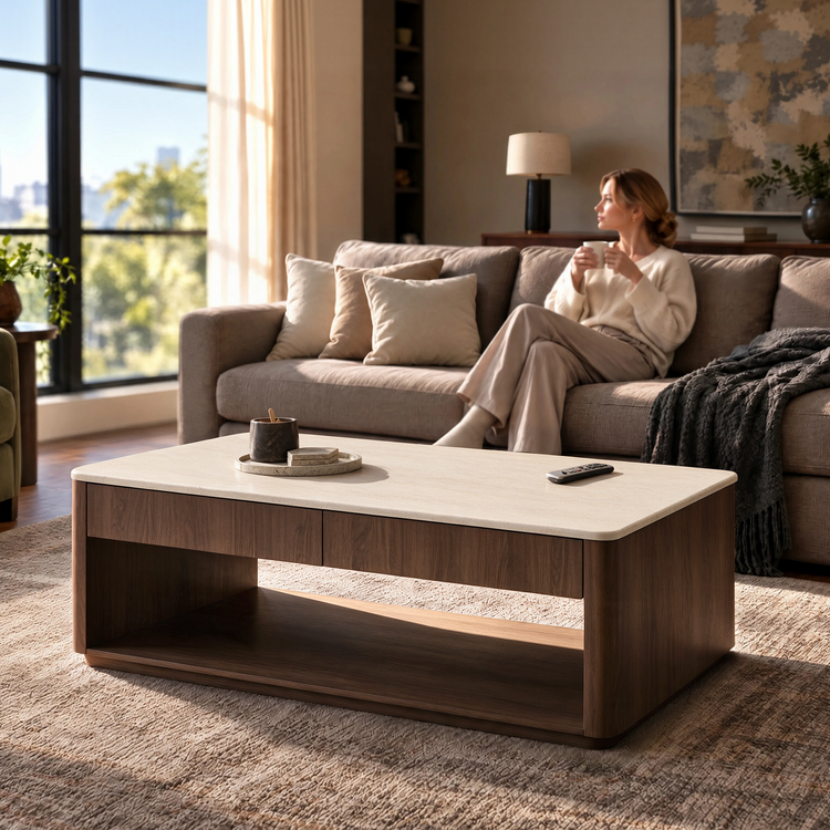 A woman holding a mug sits on a sofa behind a low rectangular coffee table with a light-colored top, two drawers, and an open shelf.