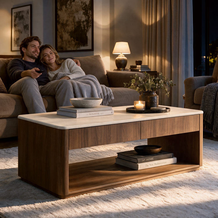 A wood coffee table with a light-colored top and open shelf stands in front of a sofa where a couple sits; books, a bowl, a candle, and a vase decorate the table.