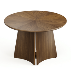 Round brown table with a radiating wood-grain pattern on the top and broad, curved base panels separated by narrow gaps.
