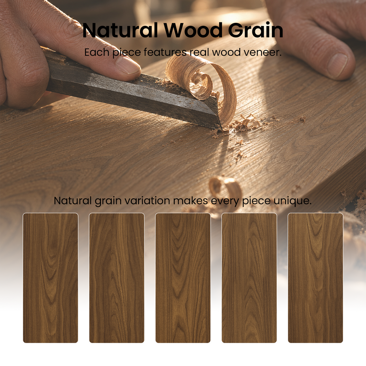 Hands use a blade to shave a wood-grain surface, with five rectangular panels below showing different wood grain patterns.