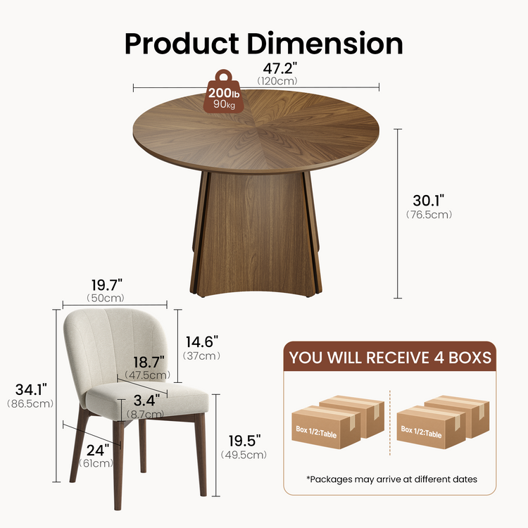 A round wooden table and upholstered chair are shown with dimension labels; an inset diagram shows four boxes, two labeled as containing half the table, with a note that packages may arrive on different dates.