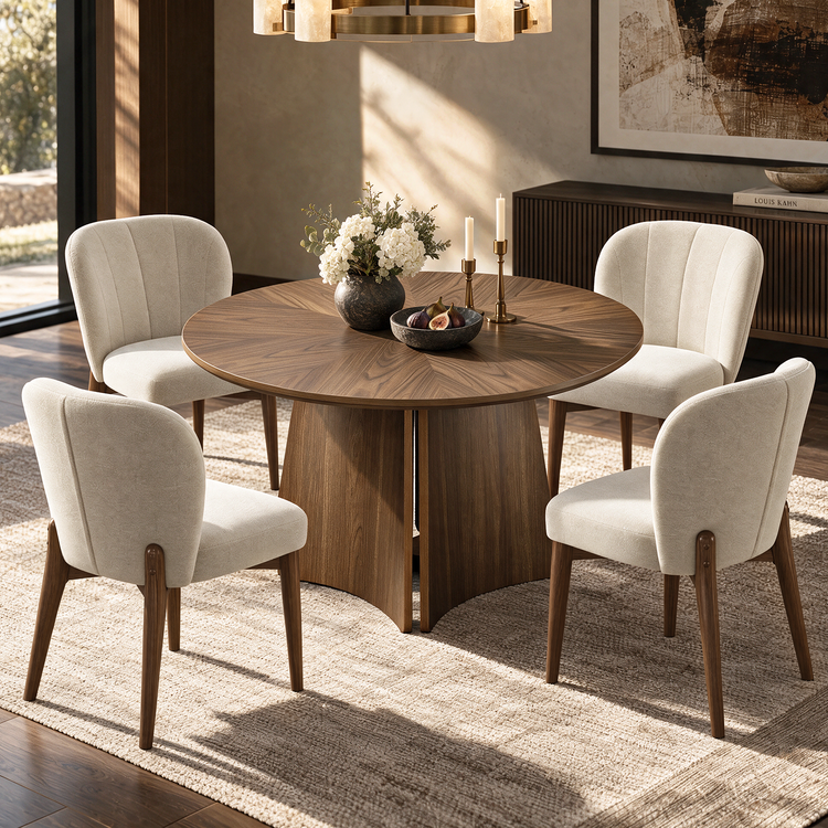 A round wooden dining table surrounded by four cream upholstered chairs, set with flowers, candles, and a bowl of figs in a sunlit room.