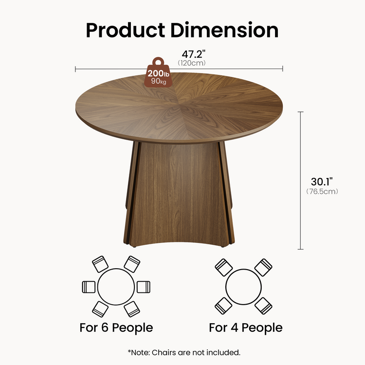 A round pedestal table is shown with dimension lines labeled 47.2 inches (120 cm) across and 30.1 inches (76.5 cm) high, a 200 lb (90 kg) weight marker, and seating diagrams for four and six people.