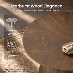 A round wooden table with a radial starburst grain pattern and water droplets on its surface, beside a woven rug; text labels the veneer and stain resistance.
