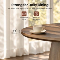 Diagram highlighting the edge thickness of a rounded brown wood-grain tabletop, with a white cup and saucer on top and a broad angled support below.