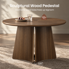 Oval wooden table with a sculptural panel pedestal; overlaid graphics label the base and show a 200 lb (90 kg) weight rating and 0.87 in (22 mm) spacing.