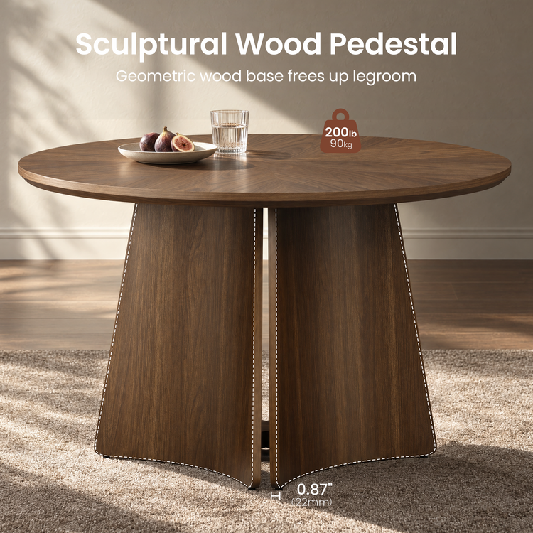 Oval wooden table with a sculptural panel pedestal; overlaid graphics label the base and show a 200 lb (90 kg) weight rating and 0.87 in (22 mm) spacing.