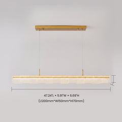 Dimension diagram of a long gold-colored pendant light suspended by two thin cables, with overlapping clear panels patterned with glowing dots and a rectangular ceiling mount.