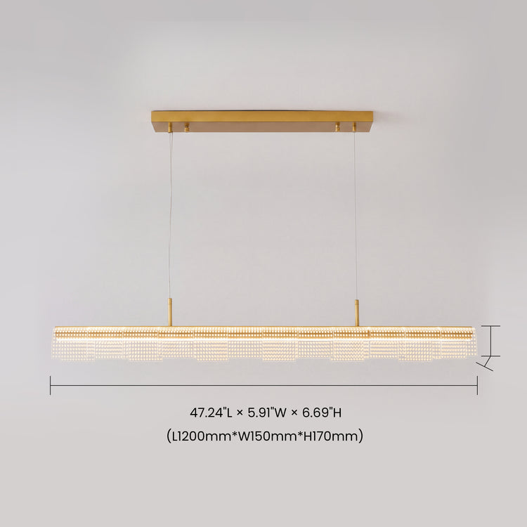 Dimension diagram of a long gold-colored pendant light suspended by two thin cables, with overlapping clear panels patterned with glowing dots and a rectangular ceiling mount.
