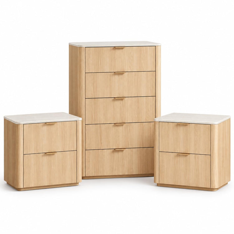 [Preventa] Cómoda Elaren de 48" de altura con 5 cajones, cubierta de imitación travertino y 2 mesas de noche con cajones (Set de 2), Natural