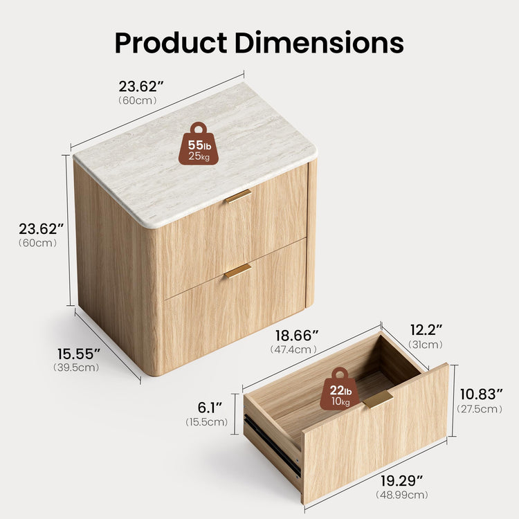 [Preventa] Cómoda Elaren de 48" de altura con 5 cajones, cubierta de imitación travertino y 2 mesas de noche con cajones (Set de 2), Natural