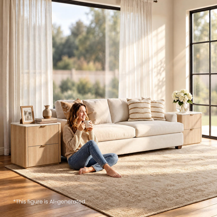 [Preventa] Cómoda Elaren de 48" de altura con 5 cajones, cubierta de imitación travertino y 2 mesas de noche con cajones (Set de 2), Natural