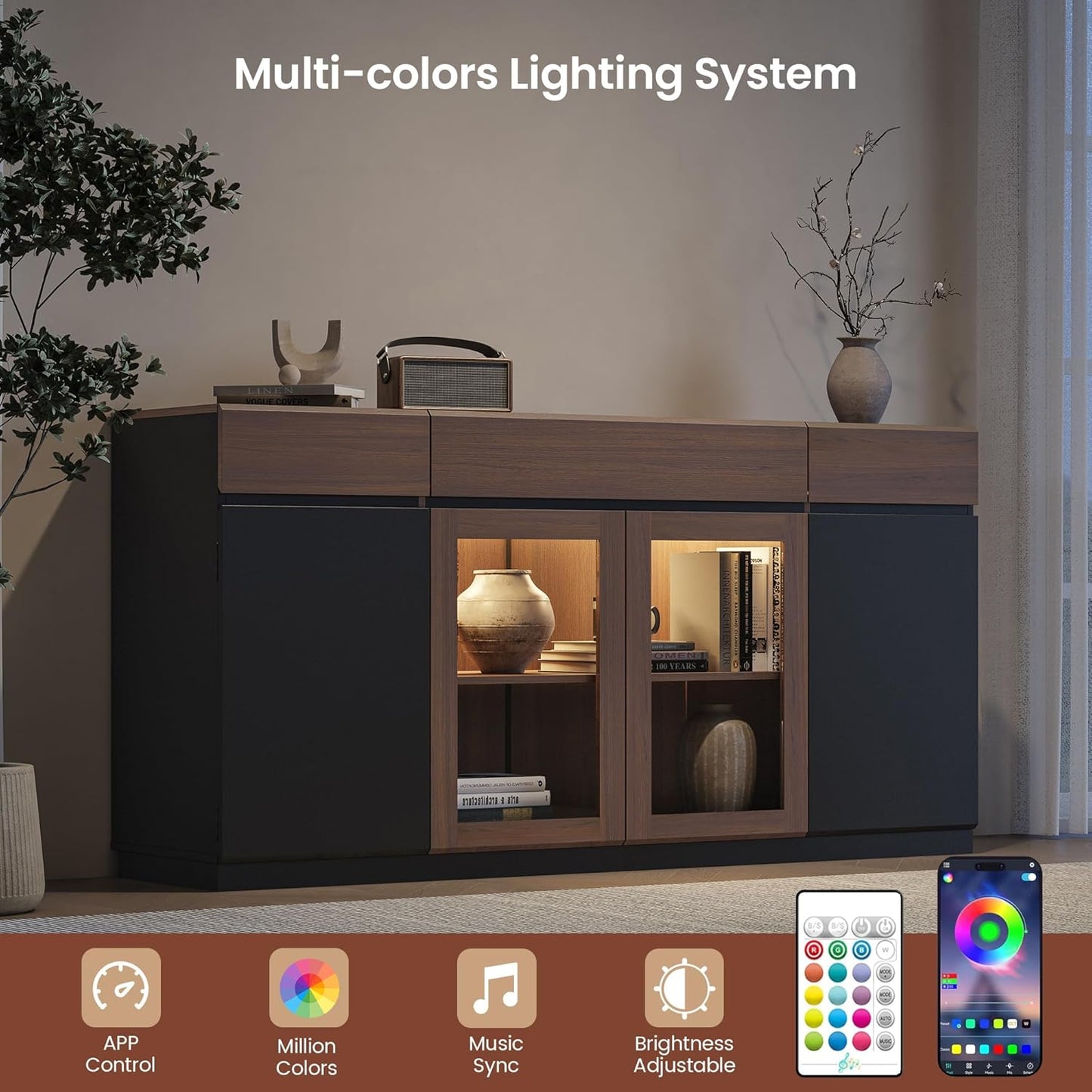 Whisper Series 60" Buffet Cabinet with LED, Glass Doors & Storage