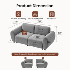 Dimension diagram of a gray two-seat sofa, with measurement lines and labels for overall width, depth, height, seat dimensions, and leg height; icons note assembly, expansion, and minimum door width.