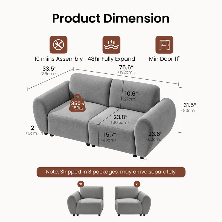 Dimension diagram of a gray two-seat sofa, with measurement lines and labels for overall width, depth, height, seat dimensions, and leg height; icons note assembly, expansion, and minimum door width.