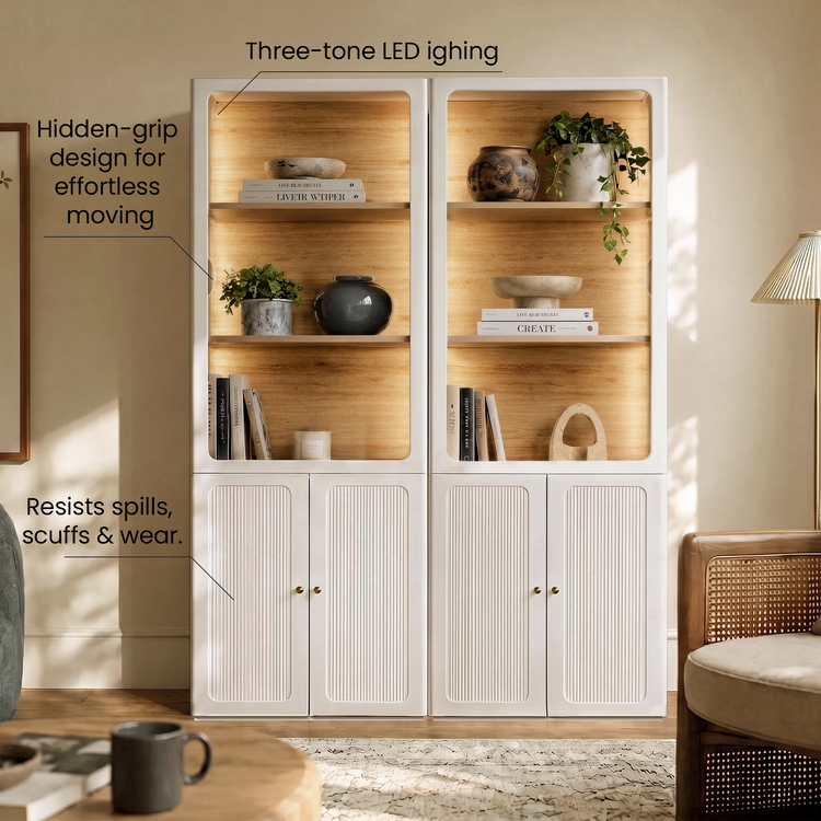 FlexMod 78.1" Modular Tall Bookcase with Scalloped Doors, Open Shelves & LED Lighting