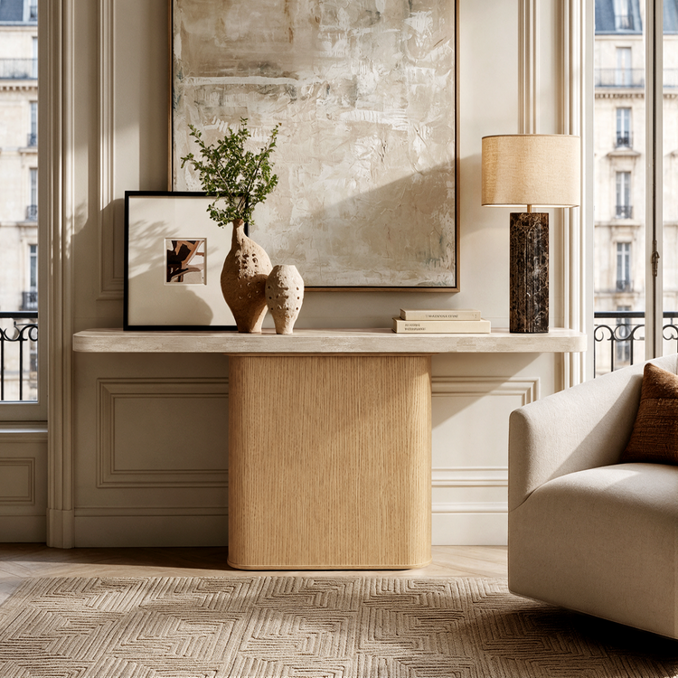 71 Inch Natural Travertine Console Table, Modern Luxury Stone Entryway Table
