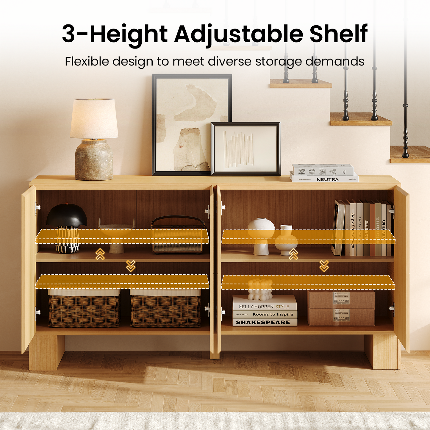 Galileo 63" Sideboard Buffet Cabinet with 4 Doors, Large Credenza Sideboard, Natural Oak