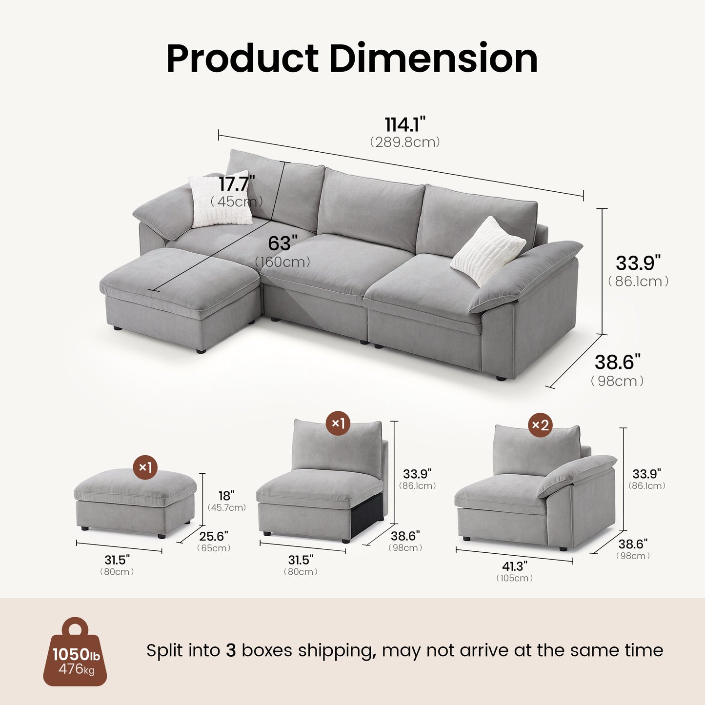 Dreamboat Modular Chenille L-Shape Sofa with Storage Ottoman,Gray