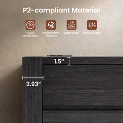 A dark wood-grain cabinet edge is shown against a textured wall, with labels for P2-compliant material, TSCA certification, environmental friendliness, waterproofing, and easy cleaning; measurements mark 3.93 inches and 1.5 inches.