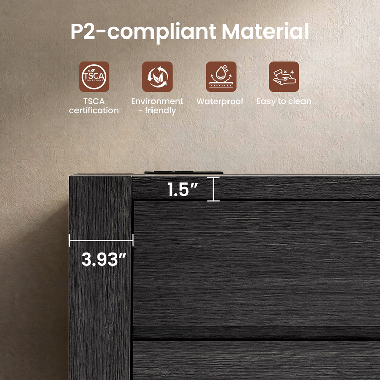 A dark wood-grain cabinet edge is shown against a textured wall, with labels for P2-compliant material, TSCA certification, environmental friendliness, waterproofing, and easy cleaning; measurements mark 3.93 inches and 1.5 inches.