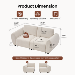 Dimension diagram of a cream two-seat sofa with rounded arms and short black feet, showing measurement lines, assembly and expansion notes, and two separate seat sections below.