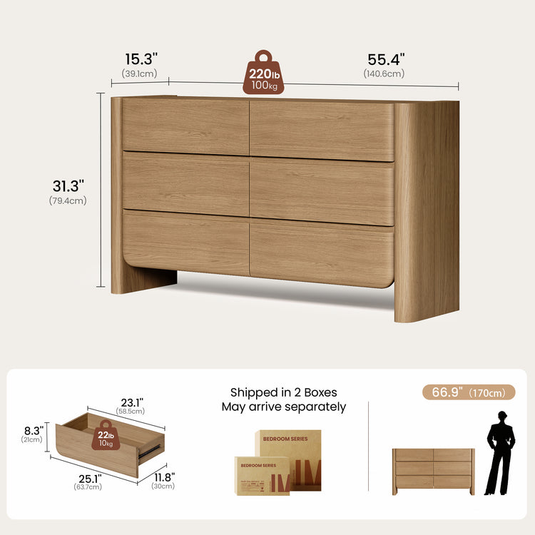 [Pre-Sale] 55 Inch 6 Drawer Curved Edge Dresser, Thick Rounded Side Panels