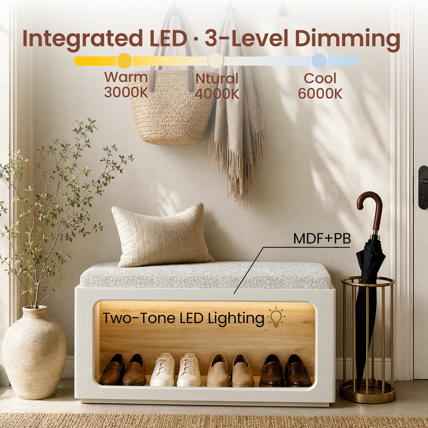 FlexMod 31.5" Modular Entryway Shoe Bench with 3-Color LED Light & Cushioned Seat