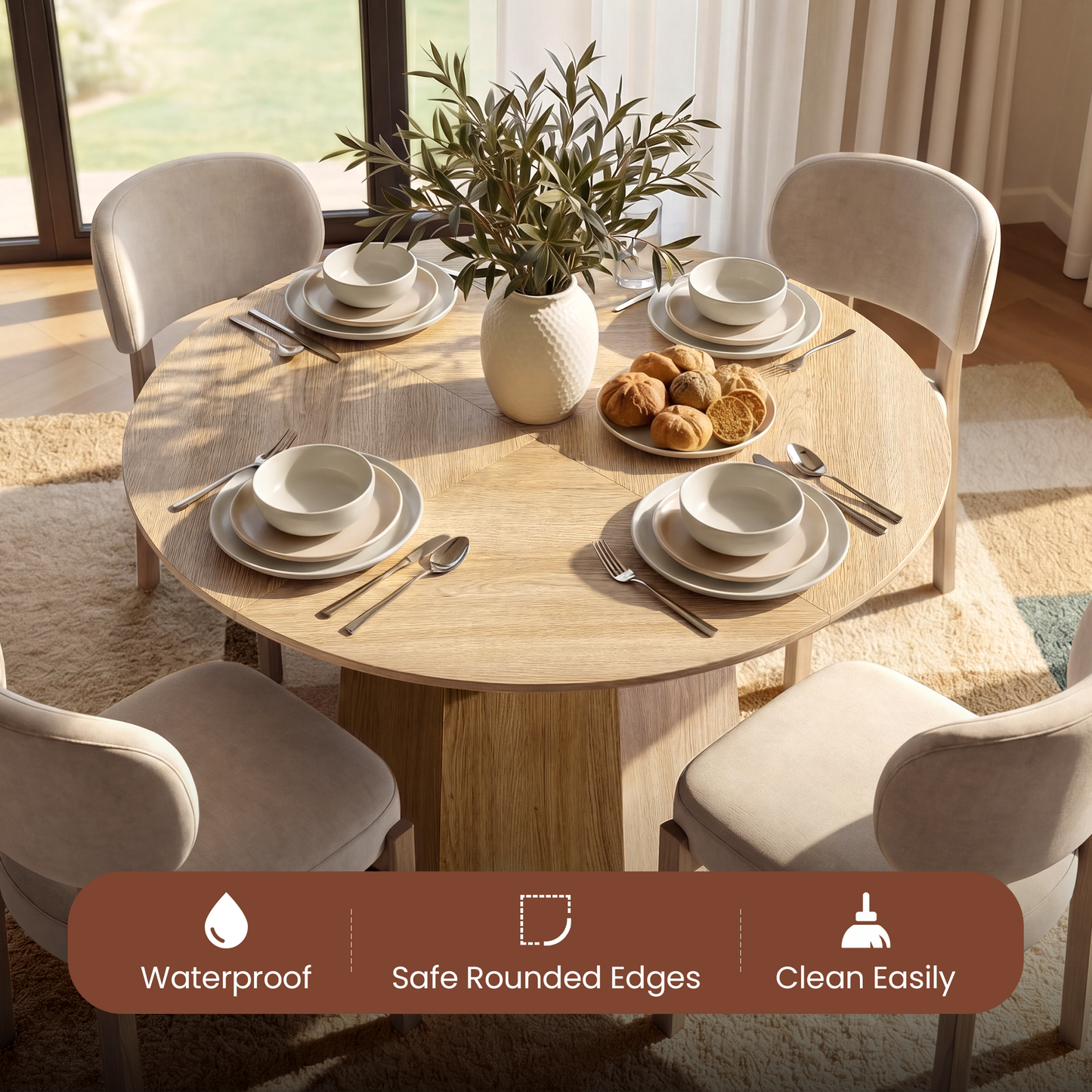Arlo 43" Round Dining Table for 4 with Wooden Pedestal Base
