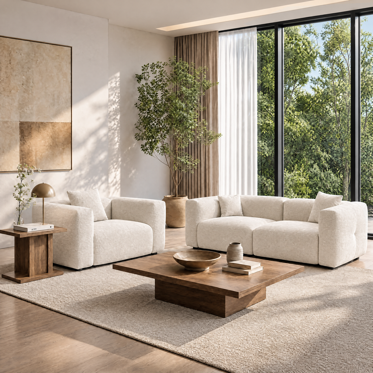 Cream armchair and curved sofa in a sunlit living room with wood tables.