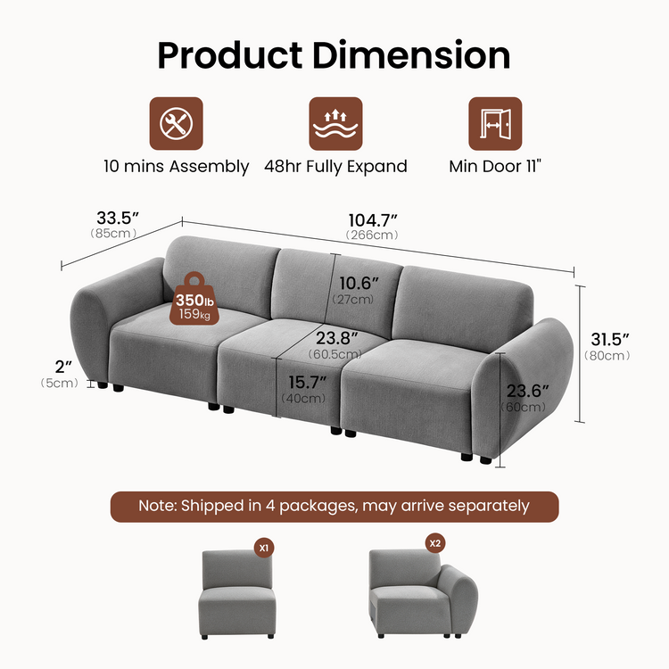 Dimension diagram of a gray three-seat sofa with rounded arms, short black legs, measurement lines, assembly and expansion icons, and separate seat sections shown below.