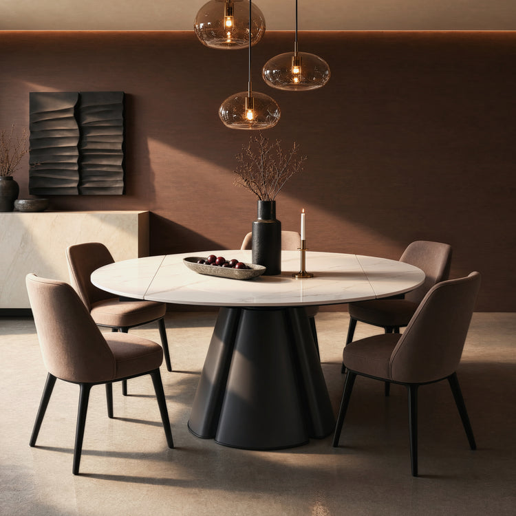 51.18" Round Extendable Dining Table, Modern Glossy Sintered Stone Kitchen Table